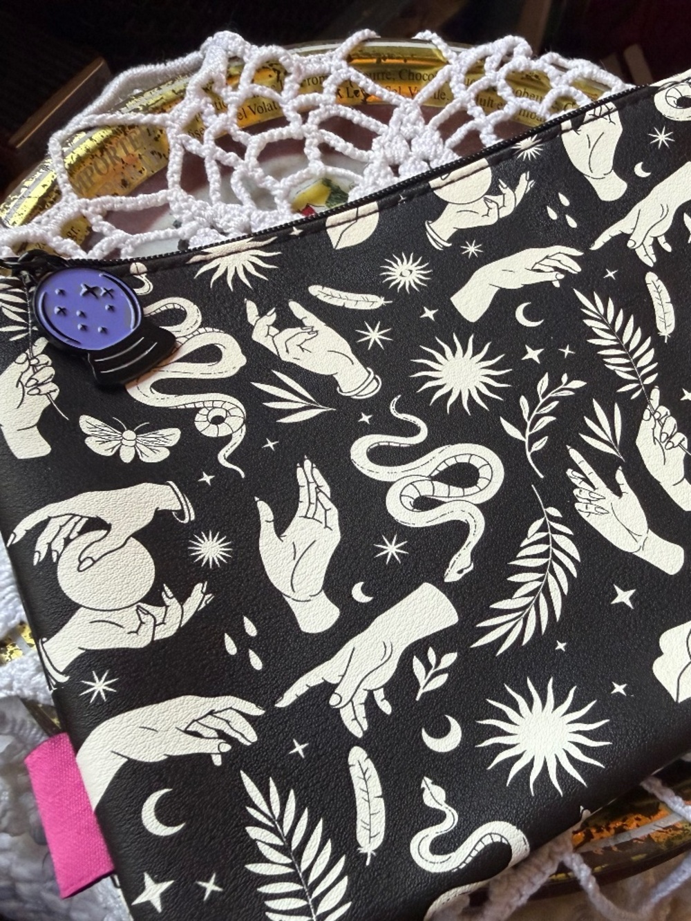 Mystical Black Faux Leather Zipper Pouch adorned with Celestial and Occult Icons - Picture 4 of 5